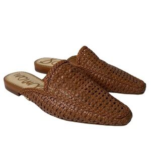 Sam Edelman Elva Leather Slip-On Woven Mule Flats in Saddle Square Toe Career